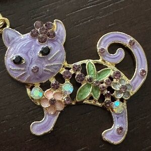Cat & Flowers Bag Charm Keychain Enamel Rhinestones Gold Tone NEW Lavender Lilac